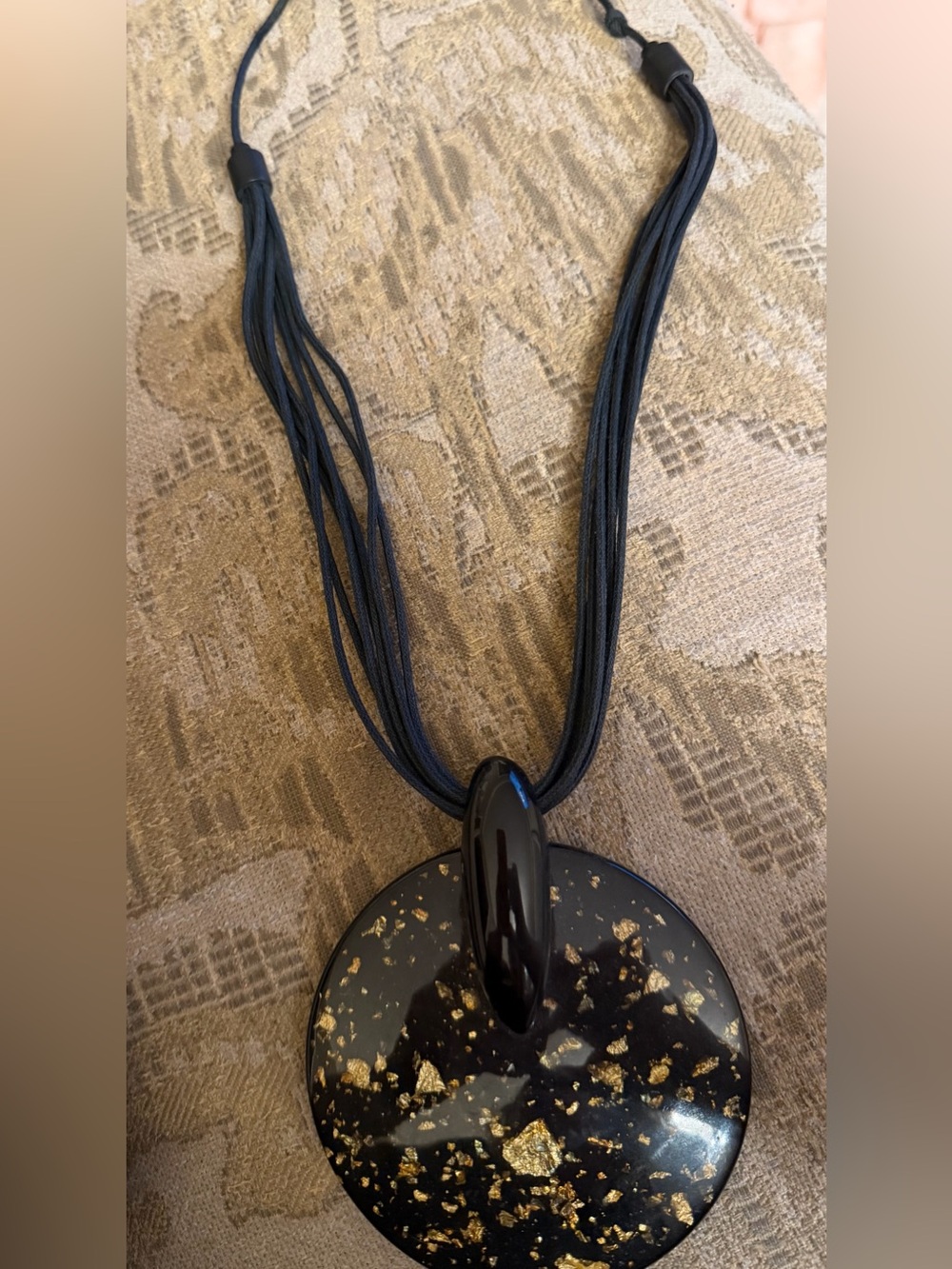 Black w/Gold large circle Necklace w/leather strap. statement piece  brand new!